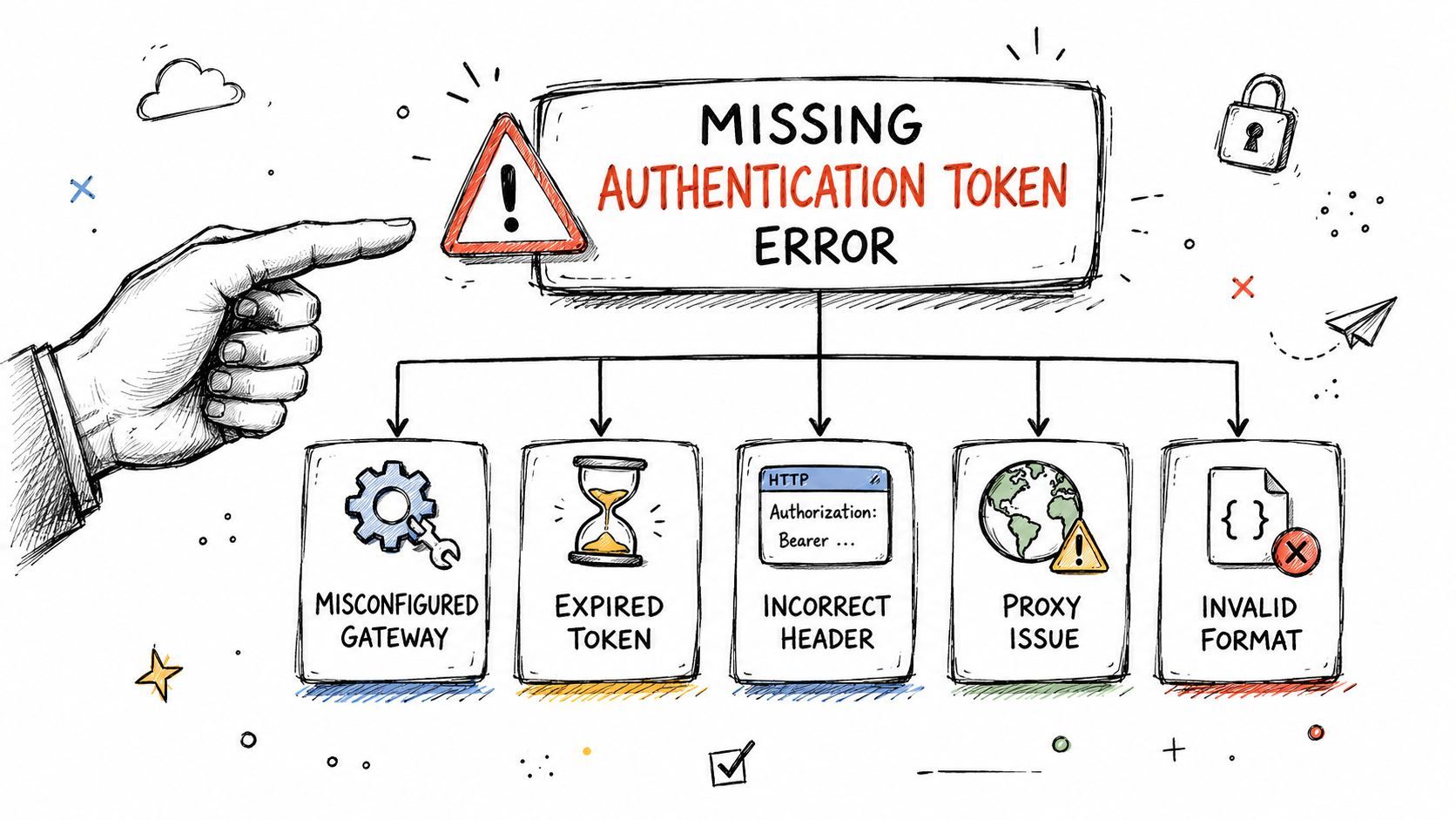 A hand-drawn diagram illustrating five common causes for a missing authentication token error in web APIs.