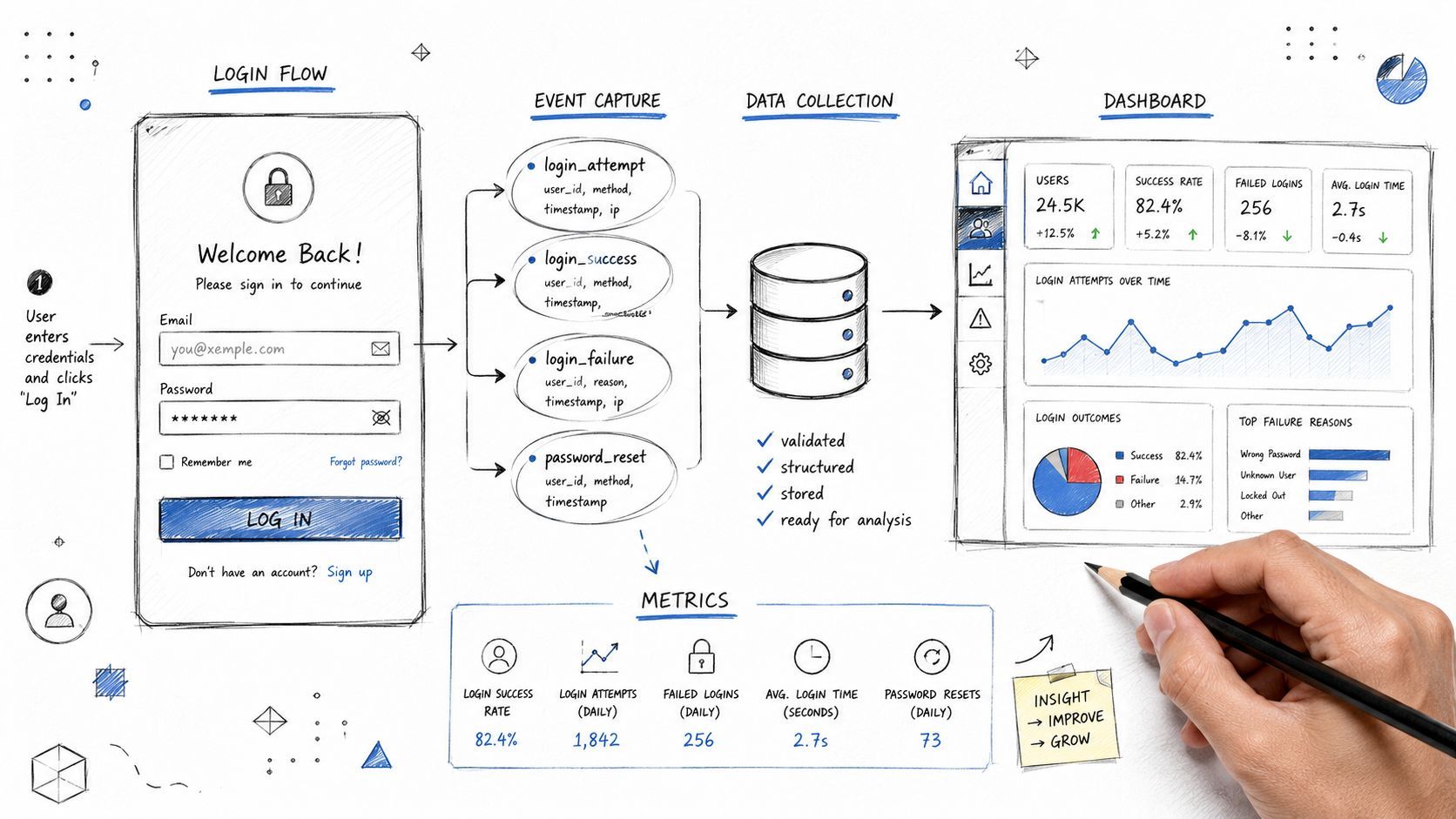 A hand-drawn flowchart diagram illustrating the user login process, data collection, and analytical dashboard metrics.
