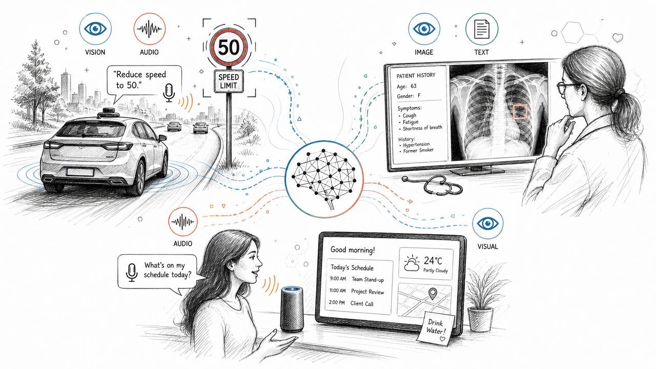 A hand-drawn illustration depicting multimodal AI processing information from vision, audio, text, and sensory inputs in daily life.