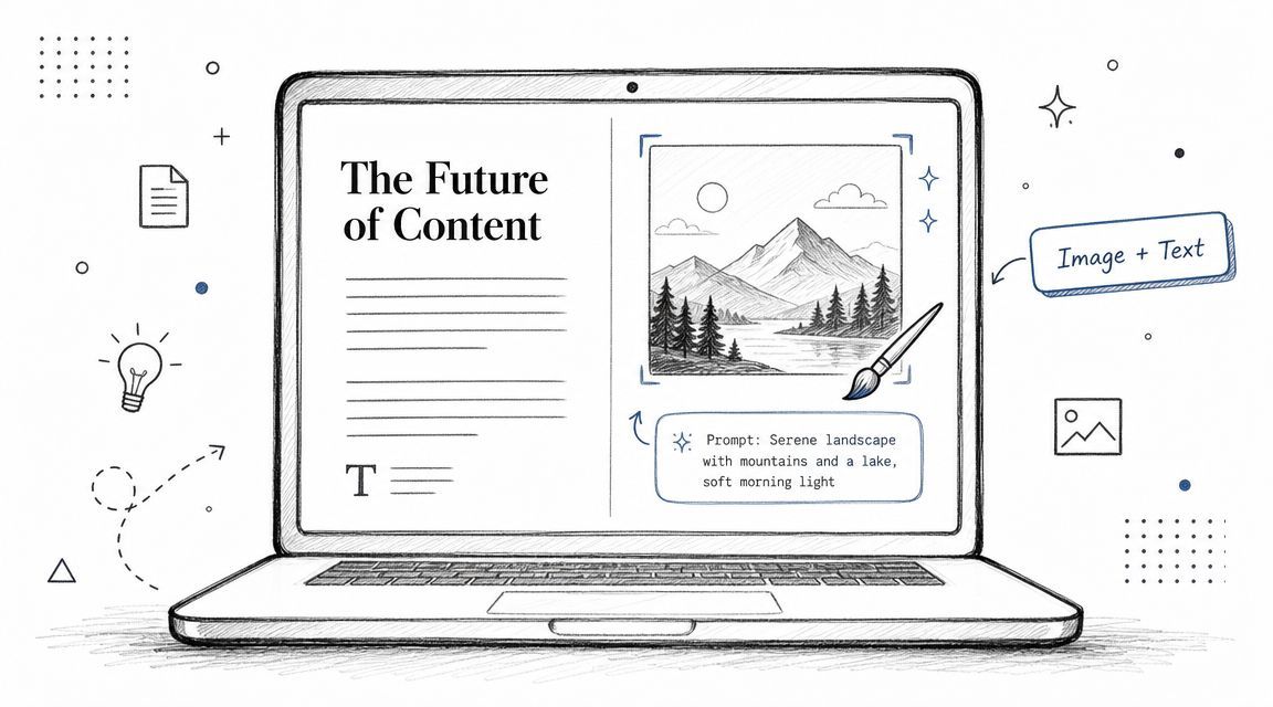A hand-drawn illustration of a laptop screen displaying text generation and AI image creation capabilities.
