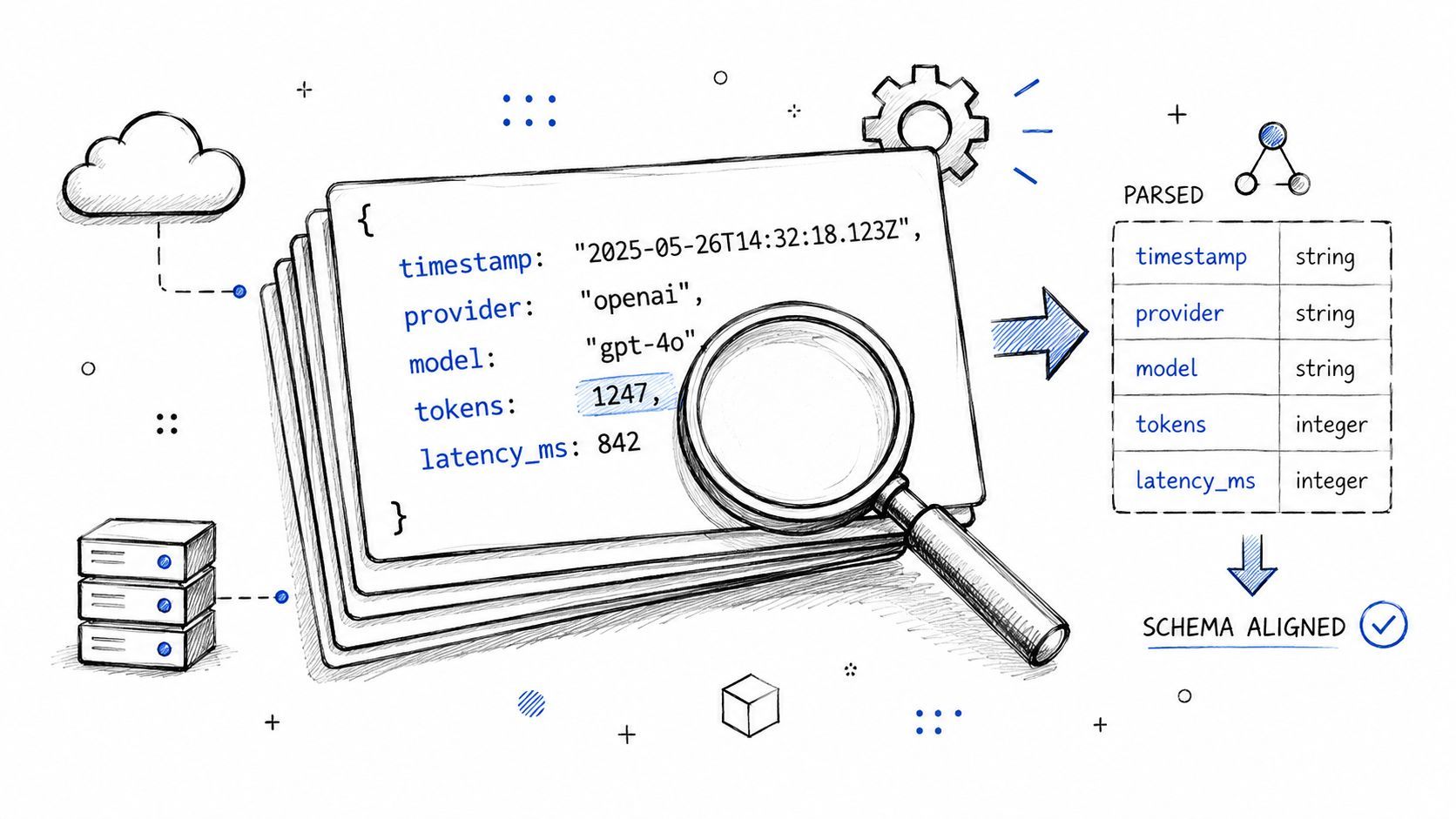 A hand-drawn illustration showing a JSON log being parsed and aligned to a data schema.