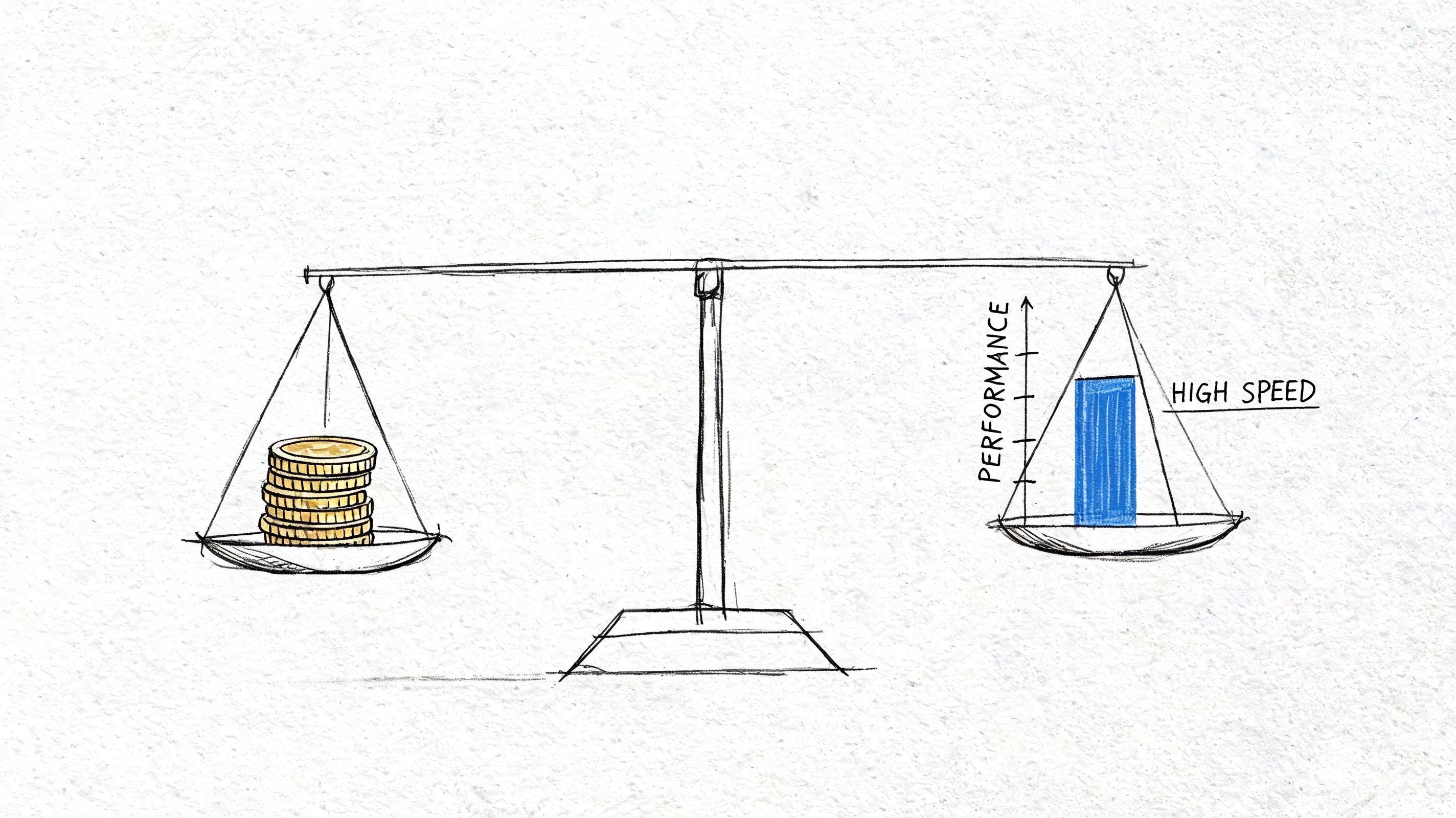 A hand-drawn illustration showing a balance scale weighing coins against high performance, symbolizing the trade-off in development.