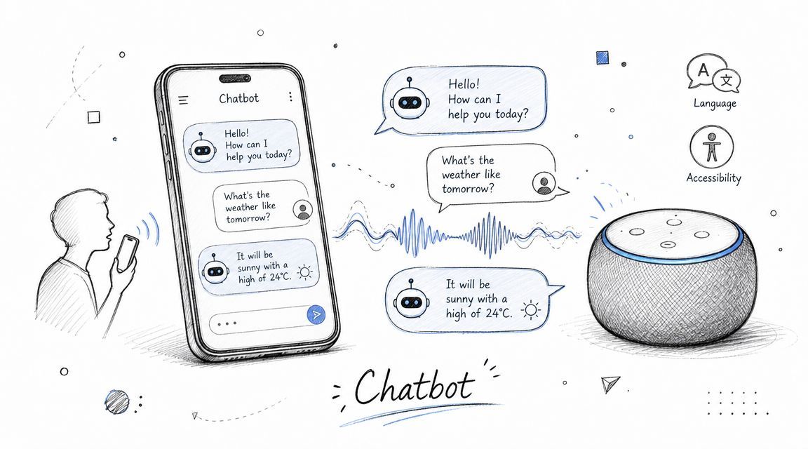 A hand-drawn illustration showing a person using a chatbot on a smartphone and a smart speaker.