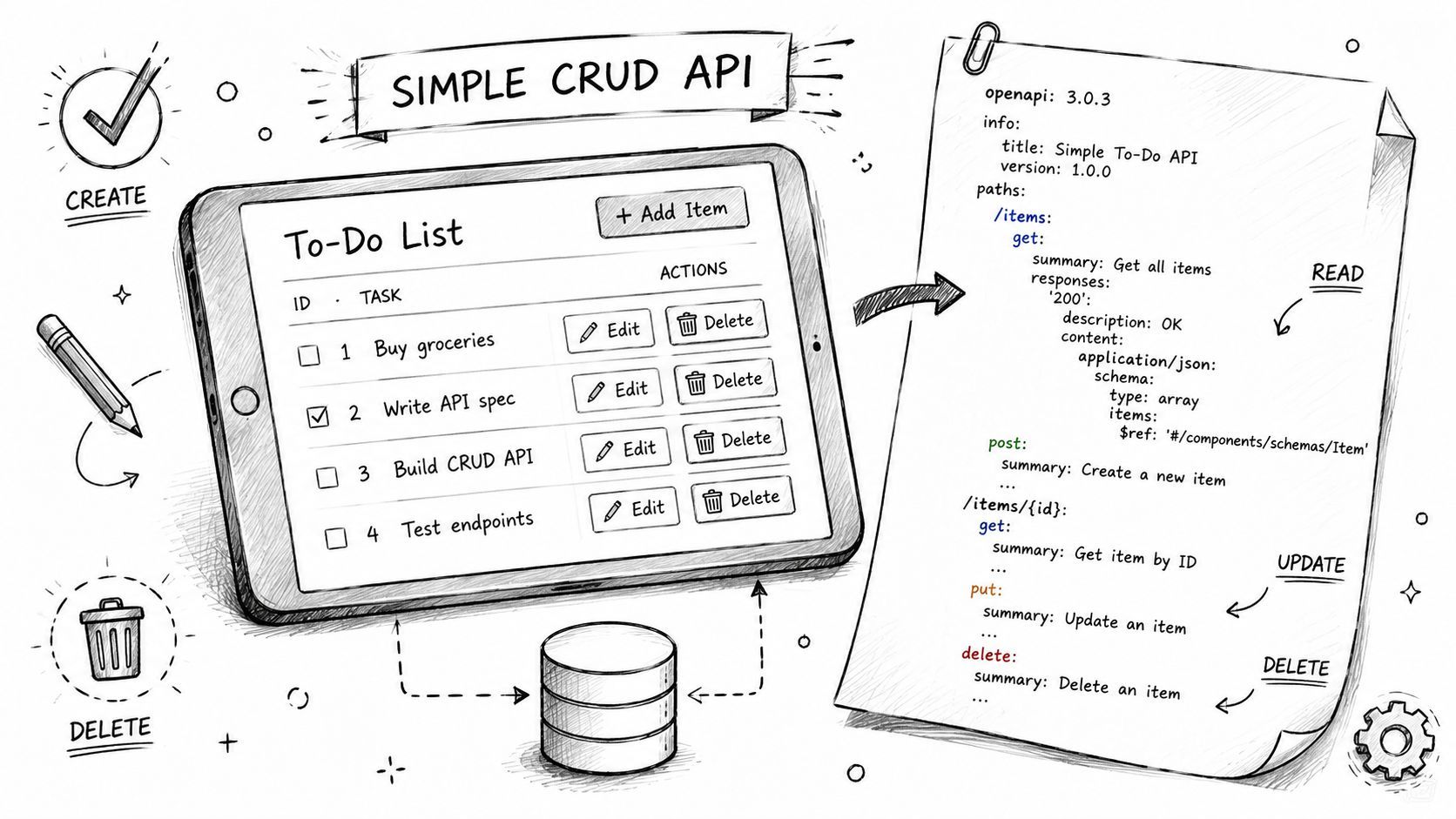 A hand-drawn illustration showing a tablet displaying a to-do list and an adjacent OpenAPI specification document.