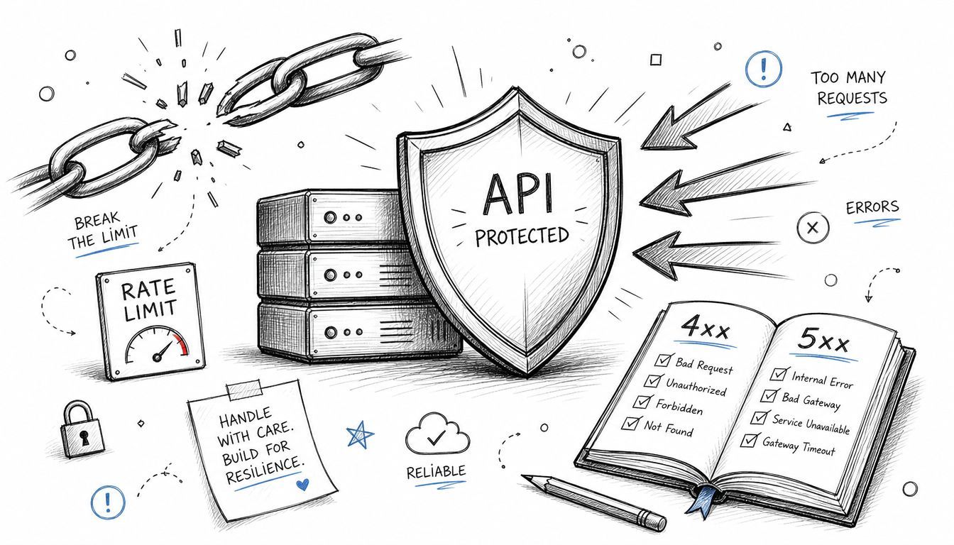 A hand-drawn illustration showing an API protected by a shield with rate limiting and error codes.