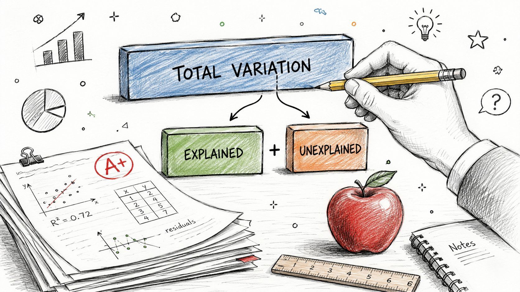 A hand-drawn illustration showing how total variation is split into explained and unexplained statistical components.