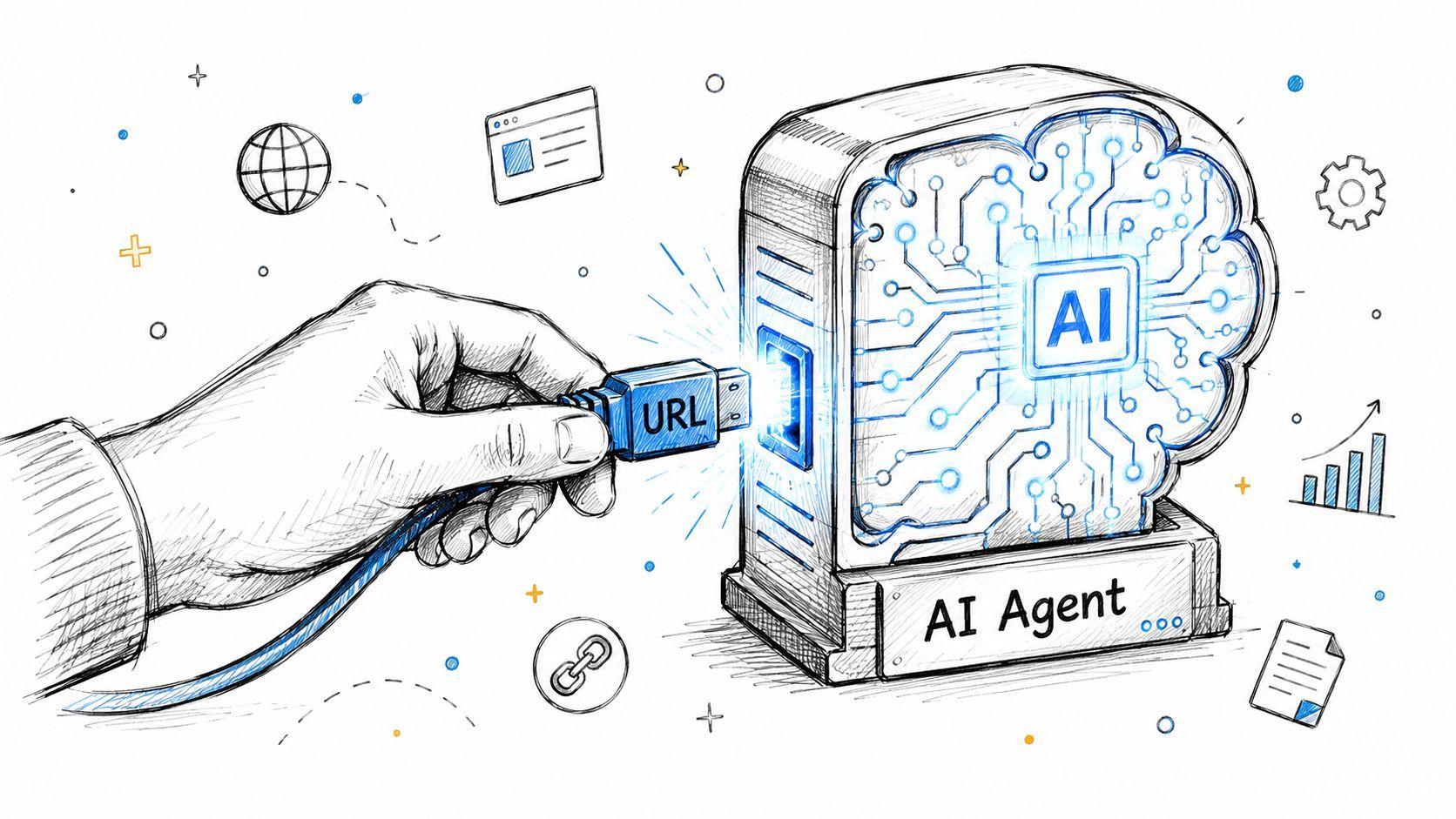 A hand plugging a USB cable labeled URL into an AI agent device representing digital data input.
