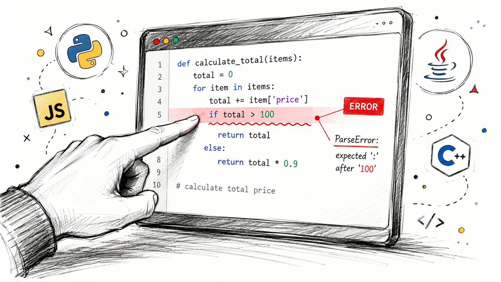 A hand points to a syntax error in Python code displayed on a computer tablet screen.