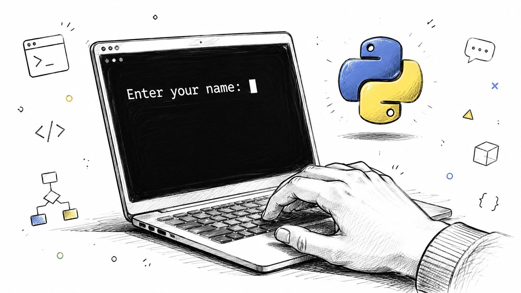 A line art drawing of a laptop displaying a Python user input prompt with a hand typing.
