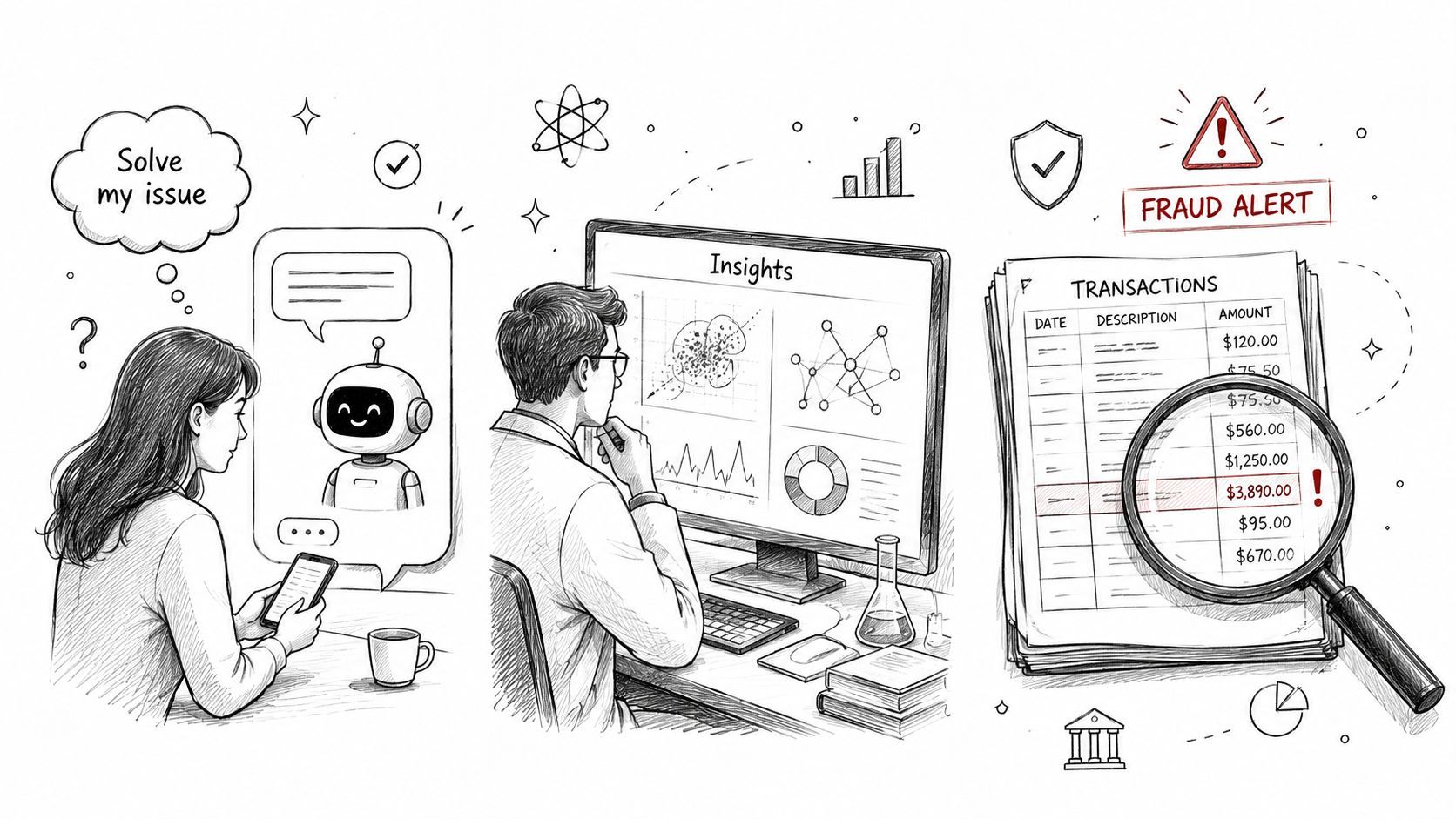 A line drawing depicting a user interacting with an AI, data analysis, and fraud detection processes.