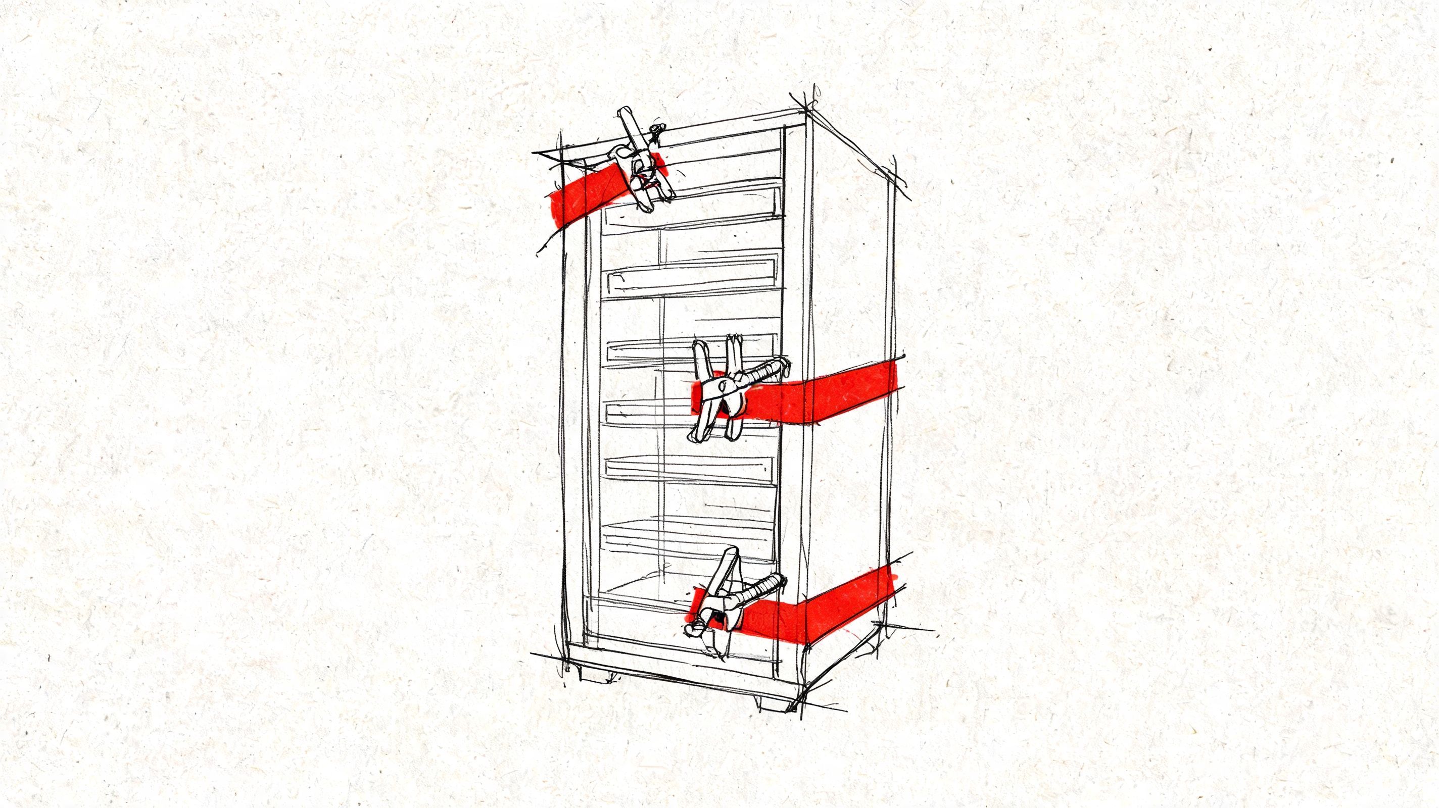 A pencil sketch of a cabinet being repaired with red adhesive tape and metal spring clamps.