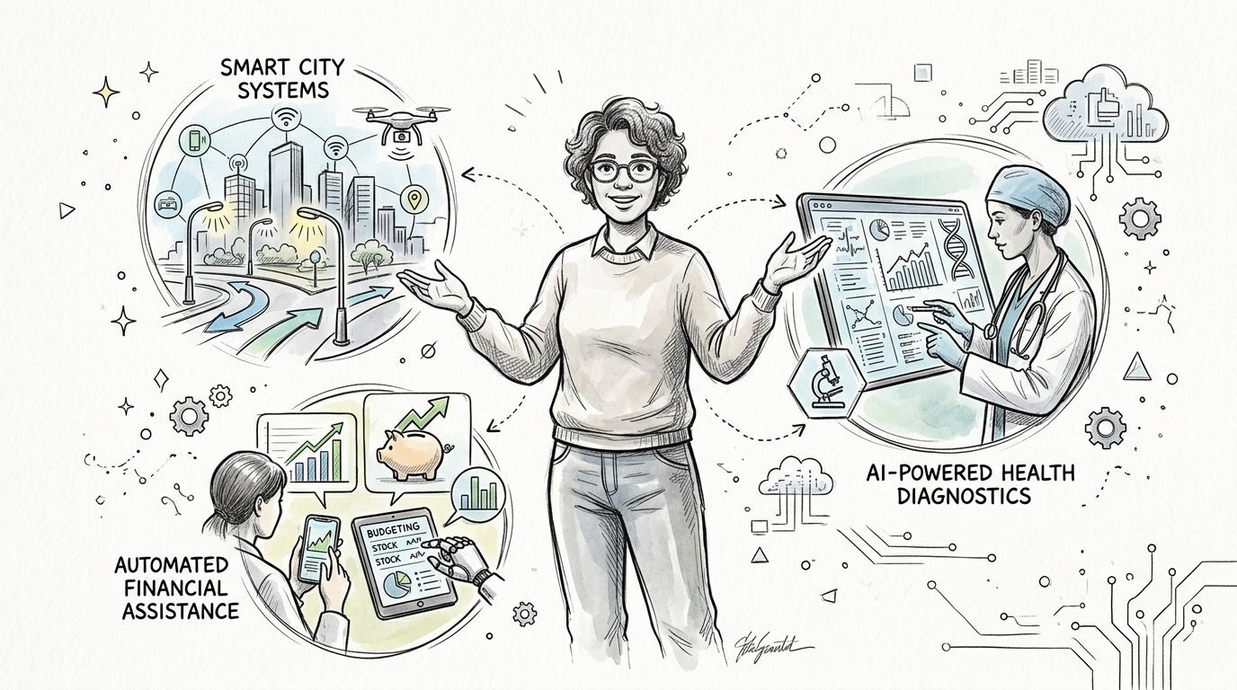 A person gesturing towards illustrations of smart city systems, automated financial assistance, and AI-powered health diagnostics.