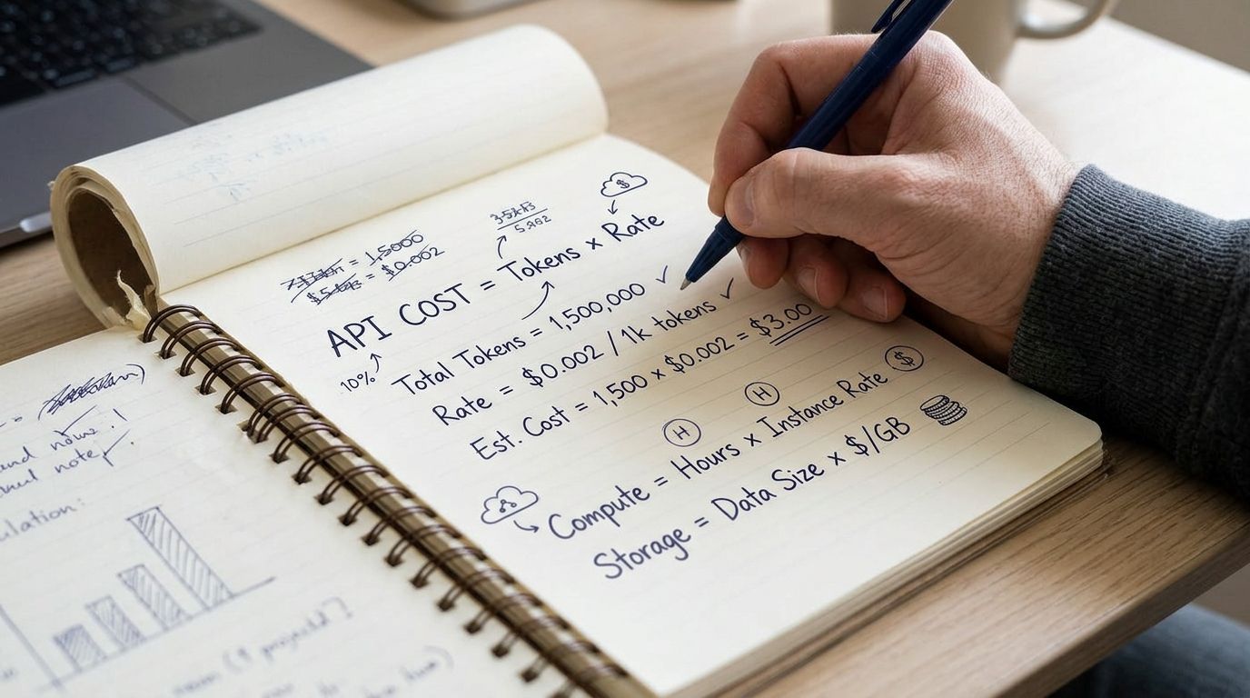 A person writing notes about calculating API, compute, and storage costs in a spiral notebook.