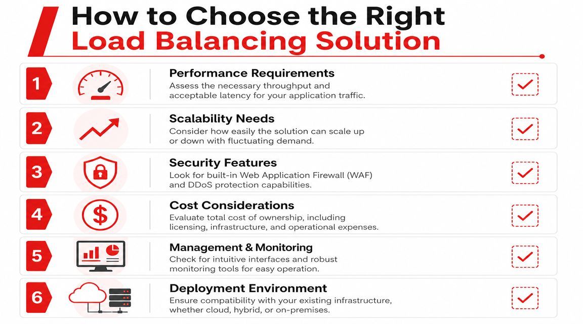 A professional infographic list outlining six essential factors for choosing the right load balancing software solution.