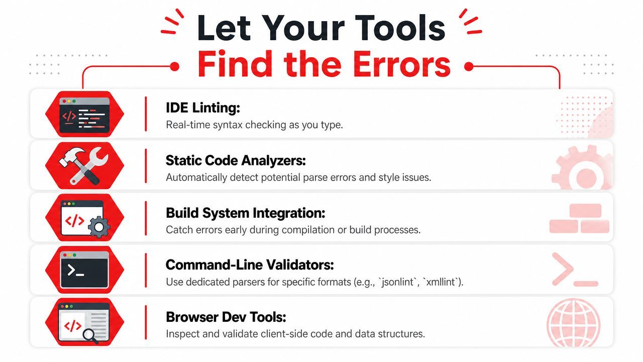 A professional infographic titled Let Your Tools Find the Errors, detailing five essential coding validation tools.