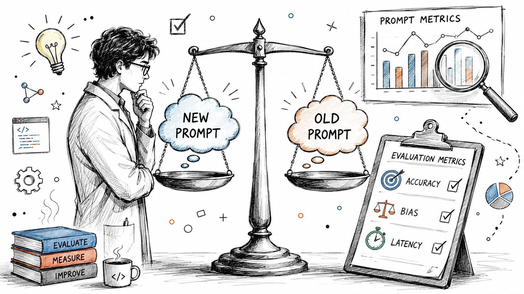 A scientist comparing a new prompt versus an old prompt using a scale to evaluate performance metrics.