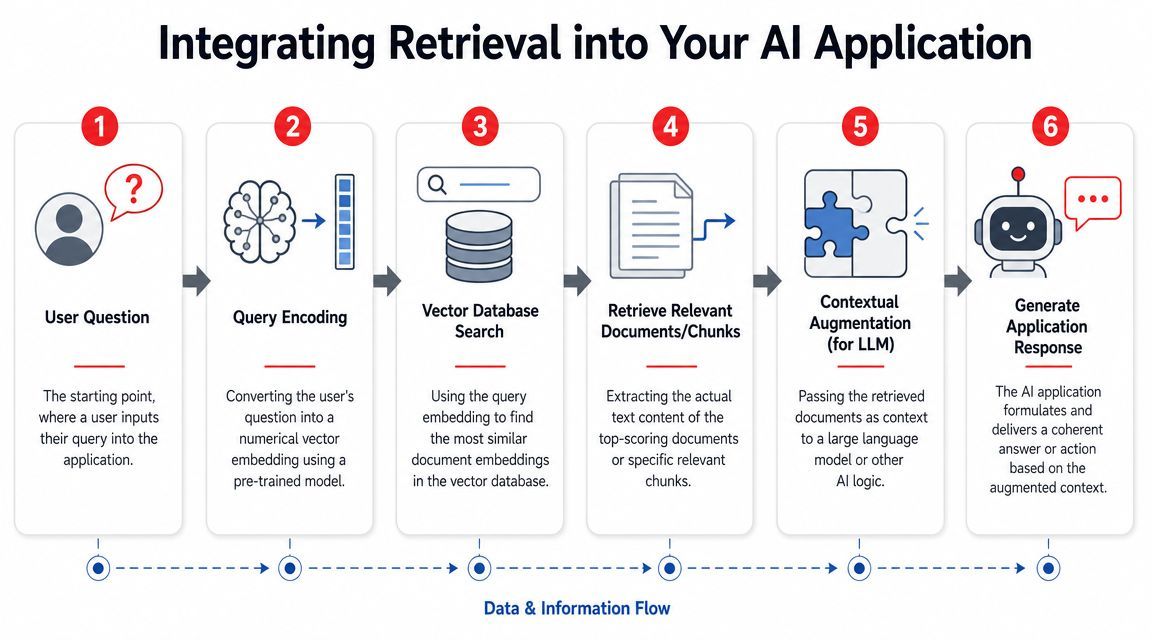 A six-step infographic illustrating the RAG process, from user query to AI application response generation.