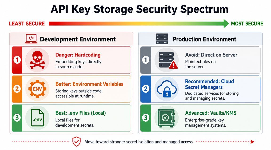 A spectrum chart illustrating security practices for storing API keys in development and production environments.