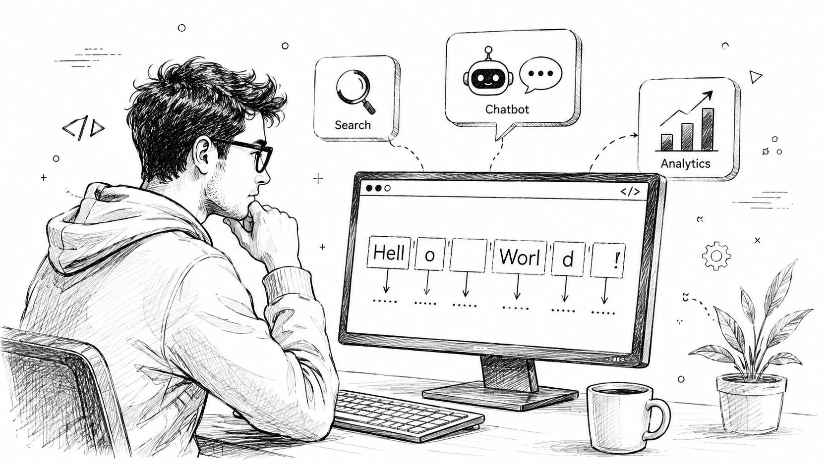 A student wearing glasses sitting at a desk looking at computer code representing string tokenization concepts.