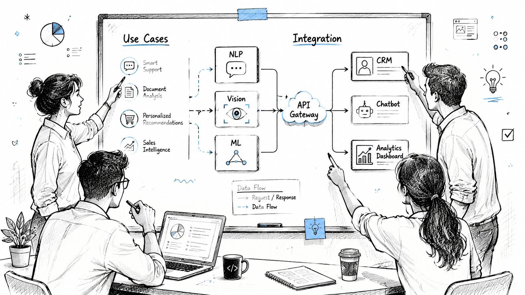 A team of professionals collaborating on AI development strategies using a whiteboard with system architecture diagrams.