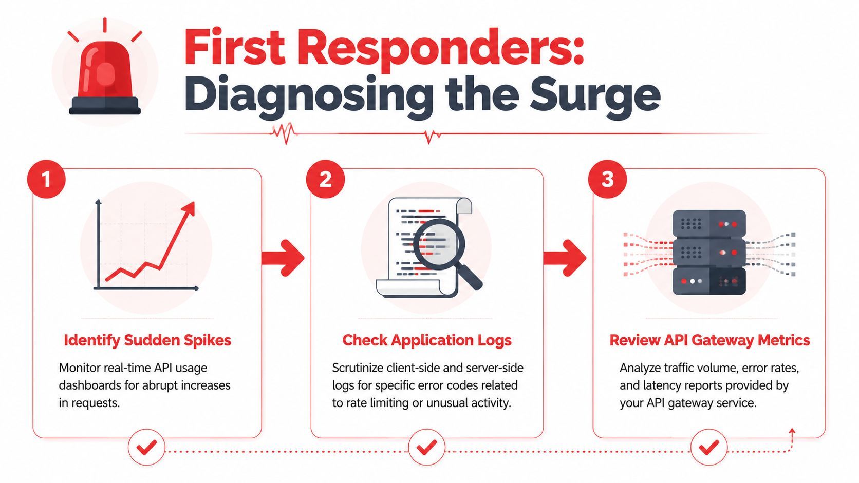 A three-step infographic showing how to diagnose sudden API traffic spikes for first responders.
