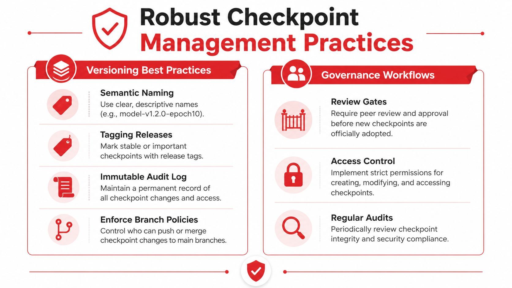 A visual guide outlining robust checkpoint management practices, including versioning best practices and governance workflows for models.