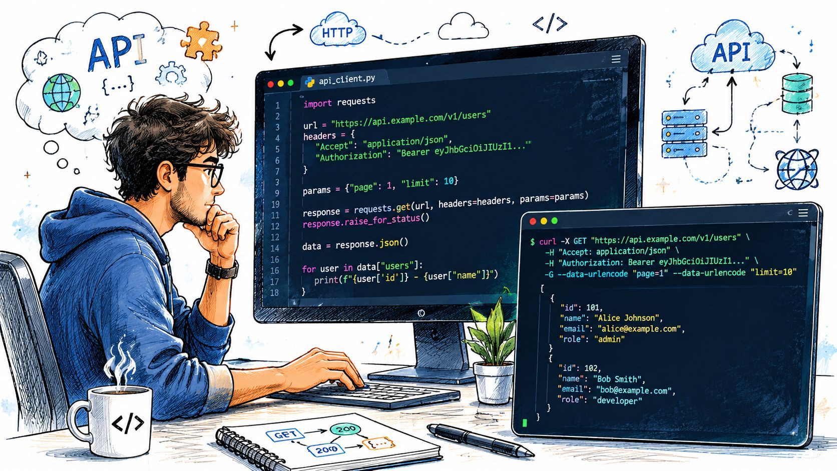A young programmer sitting at a desk coding a Python API request on a computer screen.