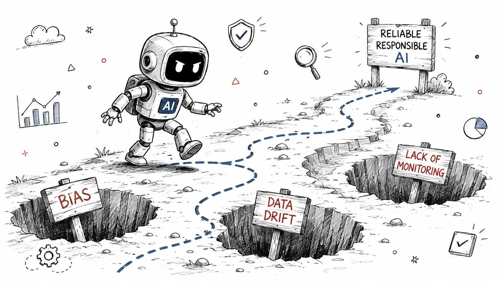 An AI robot navigating obstacles like bias, data drift, and lack of monitoring toward reliable responsible AI.