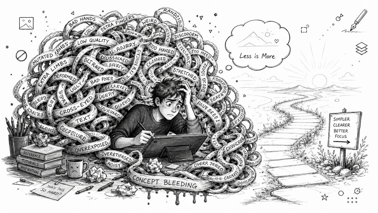 An artist struggling with a cluttered tangle of complex negative prompts while drawing on a digital tablet.