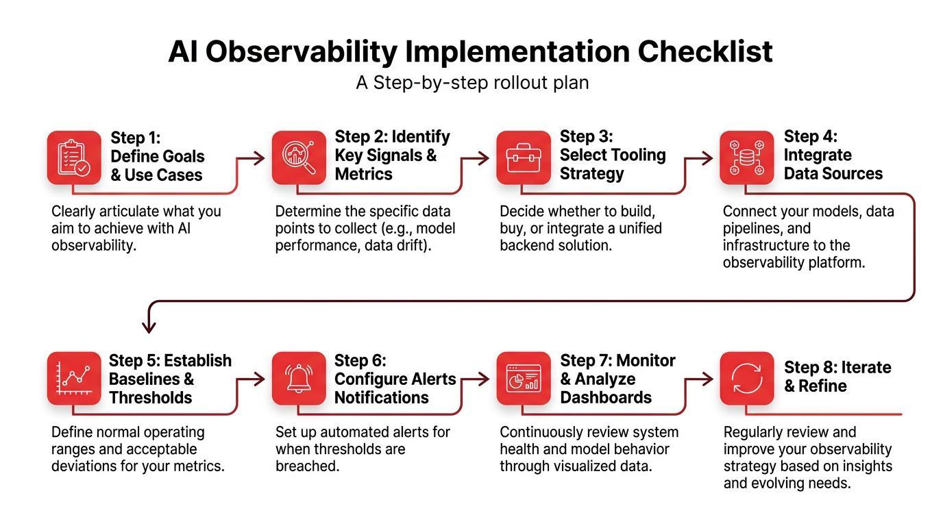 An eight-step infographic roadmap detailing the process of implementing an AI observability strategy for enterprise systems.