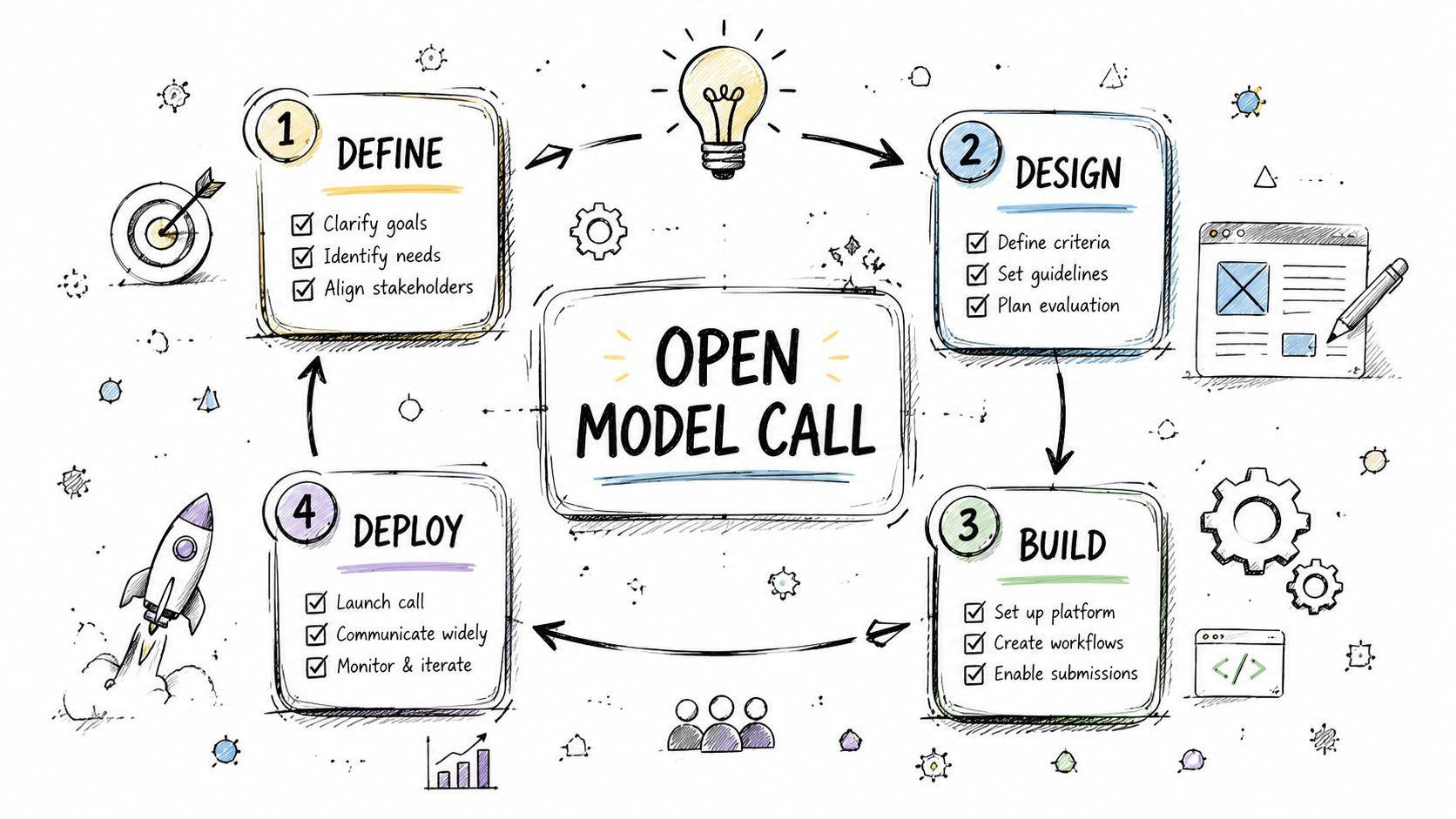 An illustrated flow chart outlining the four-step process for managing an open model call campaign.