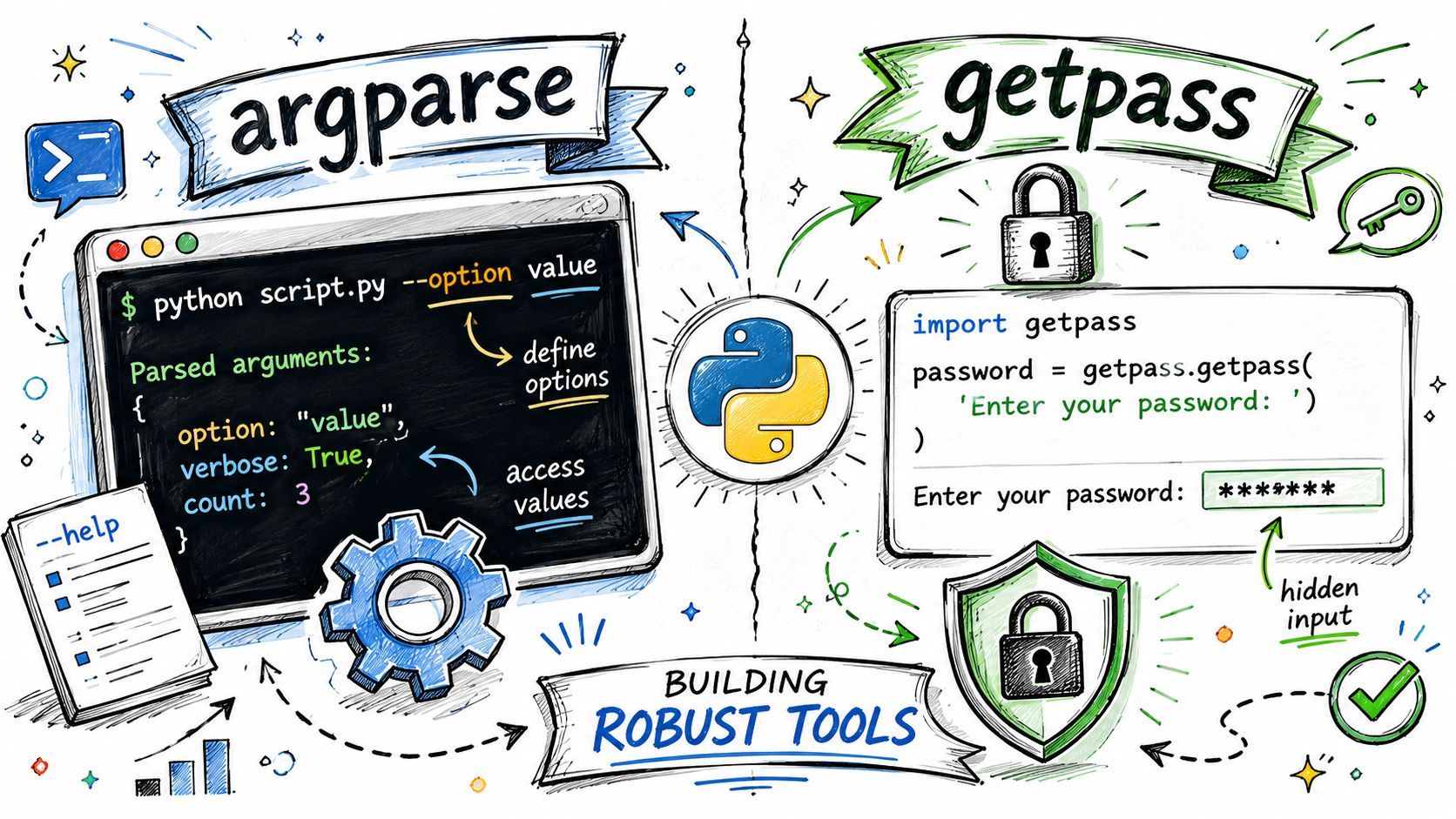 An illustrated guide explaining Python programming modules argparse for command line arguments and getpass for secure input.