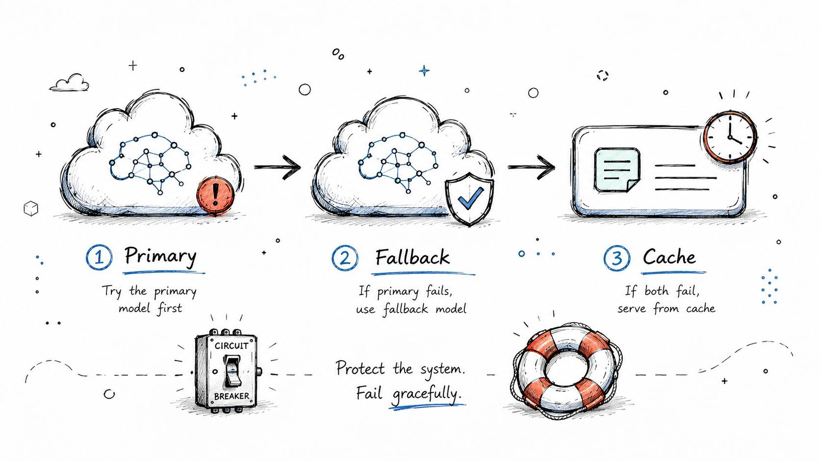 An illustration showing a three-step failure recovery process using a primary model, fallback model, and a cache.