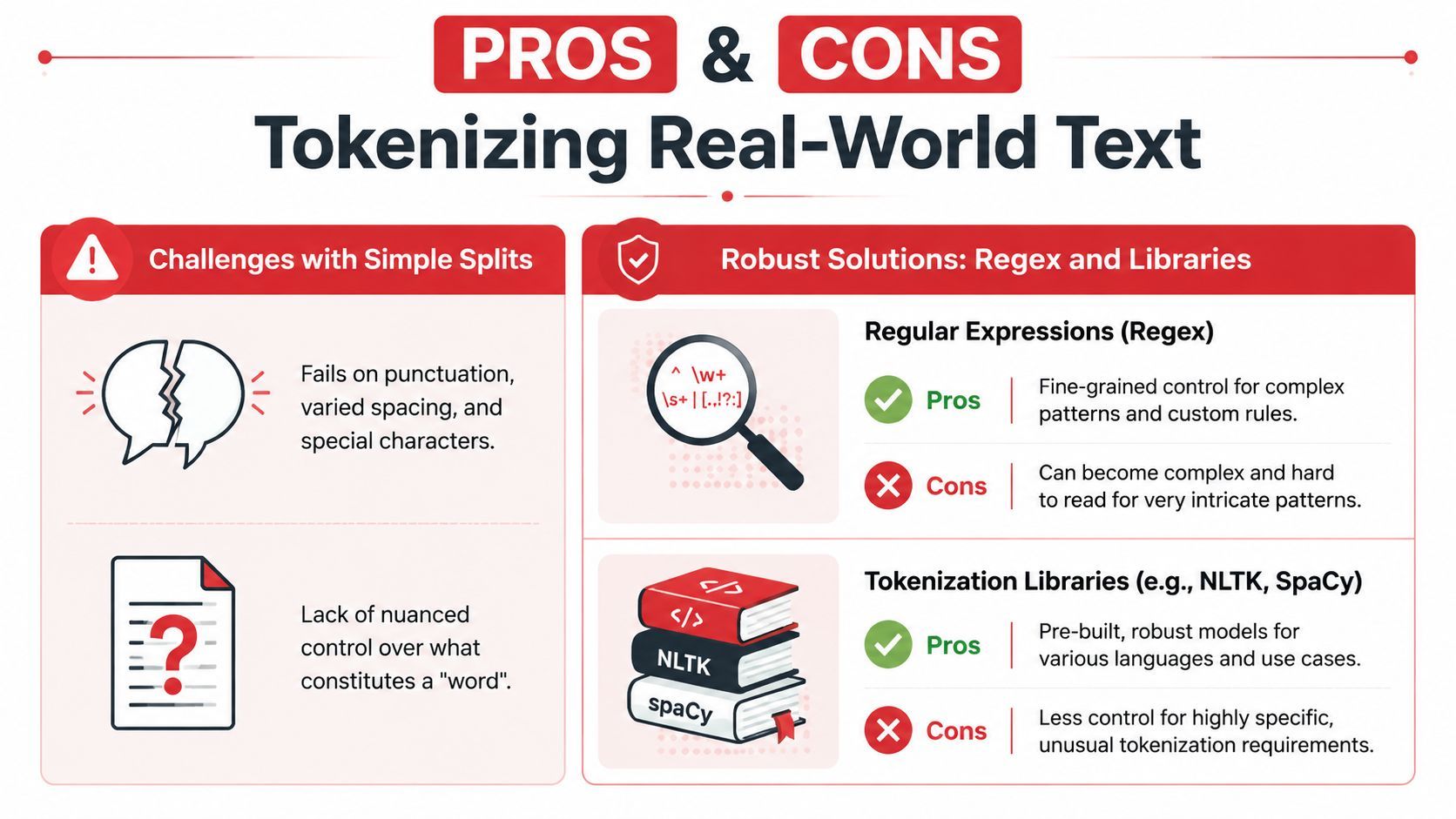 An infographic comparing the pros and cons of different text tokenization methods, including simple splits, regex, and libraries.