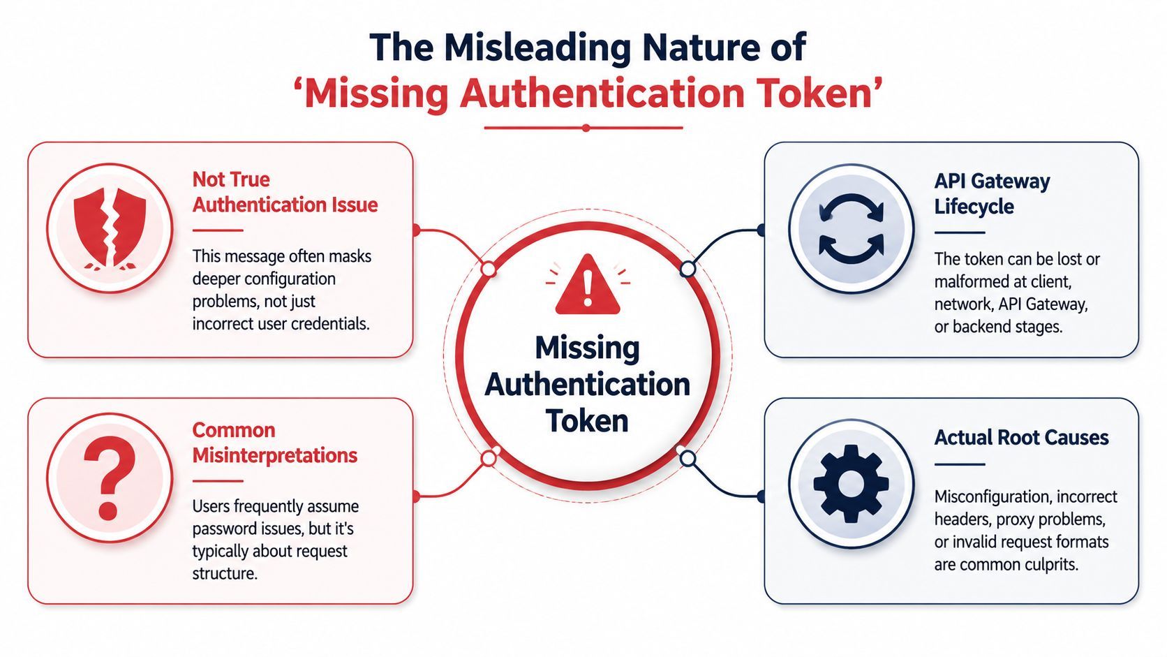 An infographic explaining that a Missing Authentication Token error often points to deeper API configuration issues.