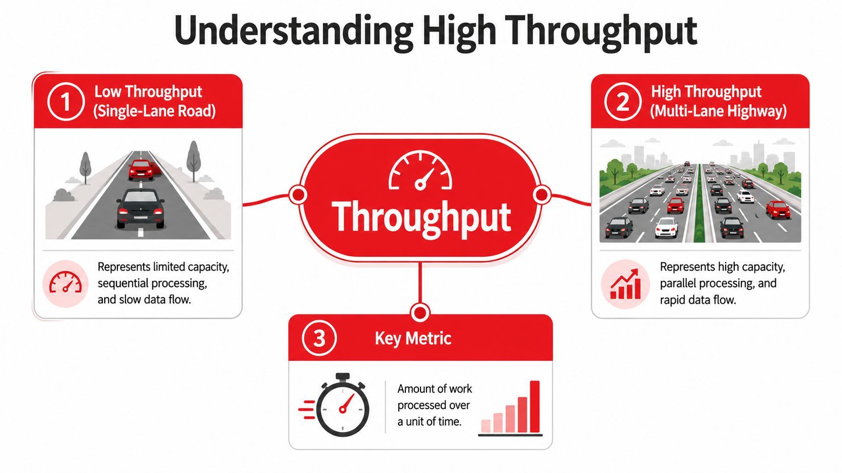 An infographic explaining the concept of high throughput by comparing a single-lane road to a multi-lane highway.