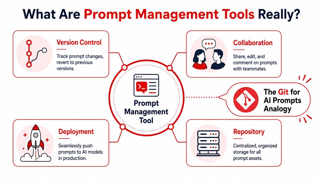 An infographic explaining the core features of prompt management tools, including version control, collaboration, deployment, and repository.