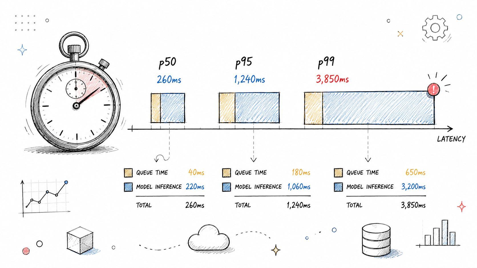 An infographic illustrating latency breakdown at p50, p95, and p99 percentiles for queue time and model inference.