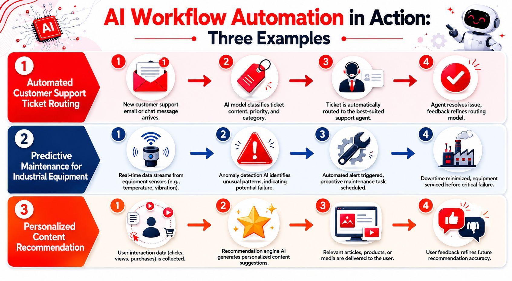 An infographic illustrating three practical examples of AI workflow automation including customer support, maintenance, and recommendations.