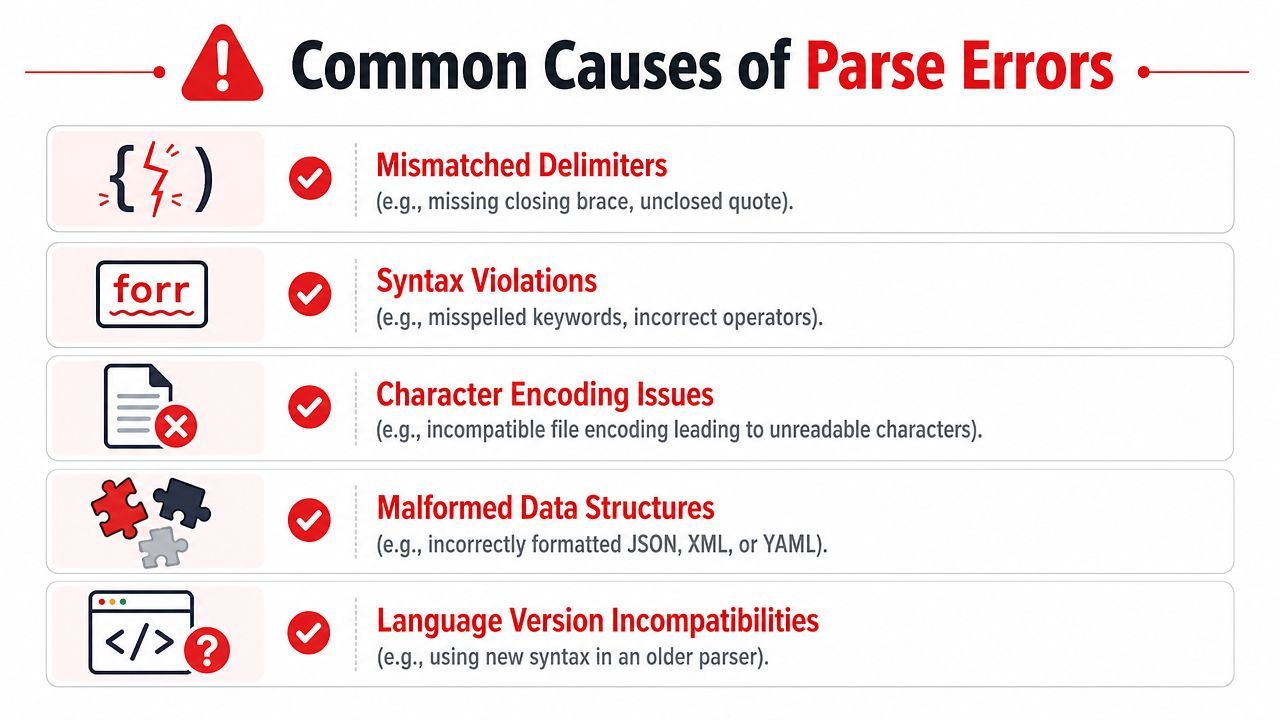 An infographic list titled Common Causes of Parse Errors, showing programming icons and descriptive error explanations.