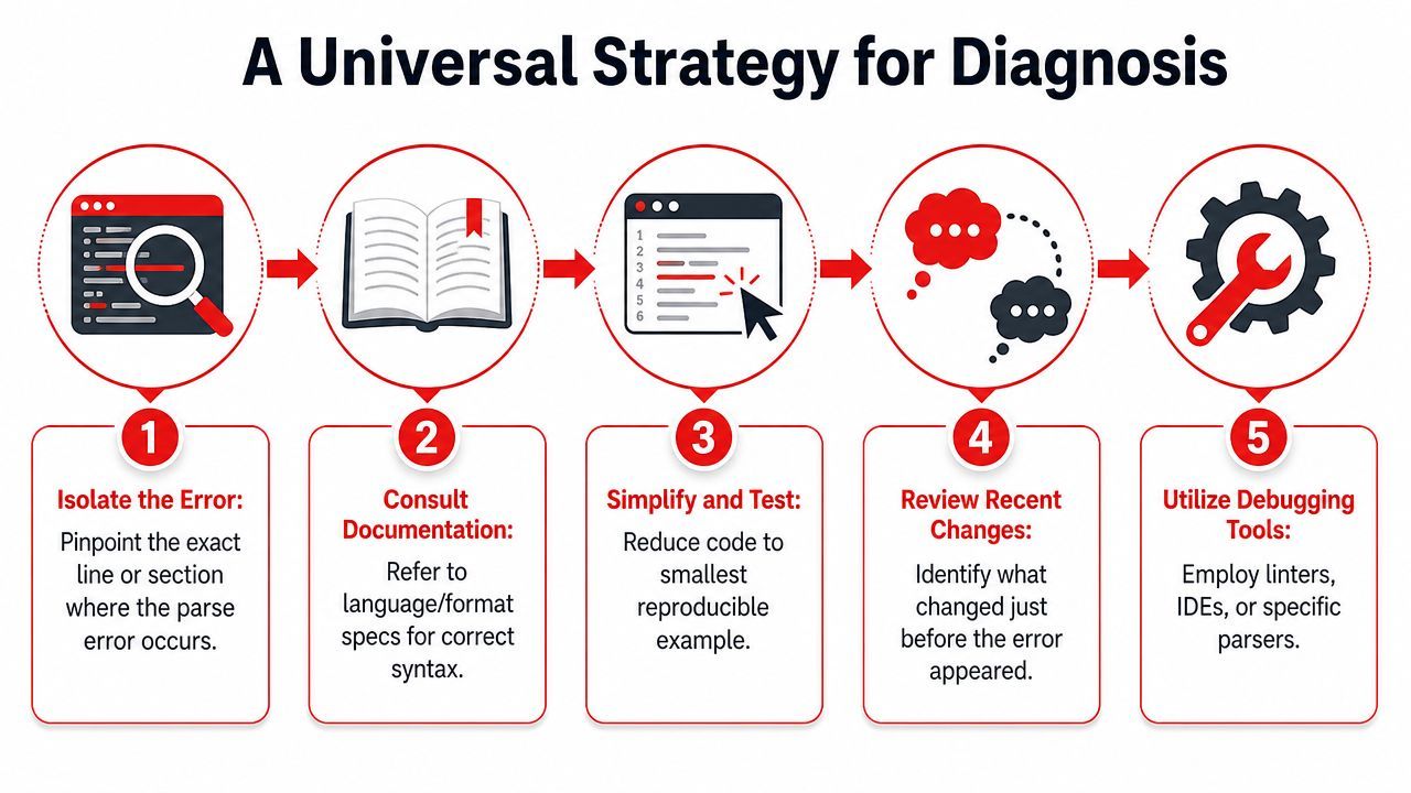 An infographic showing a five-step universal strategy for diagnosing software parse errors and technical bugs.