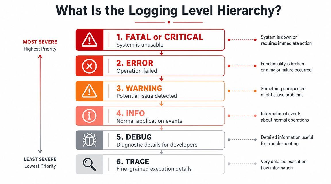 An infographic showing the logging level hierarchy from most severe FATAL to least severe TRACE.
