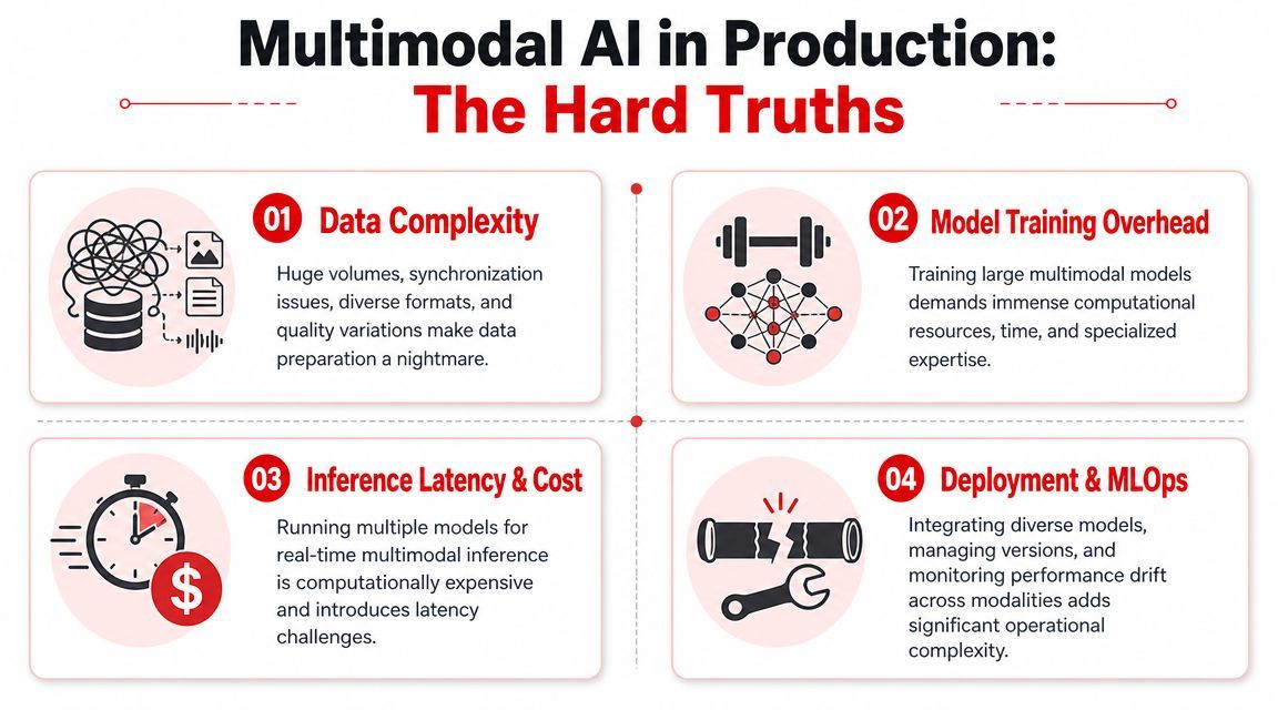 An infographic titled Multimodal AI in Production listing four key challenges including data, training, latency, and MLOps.