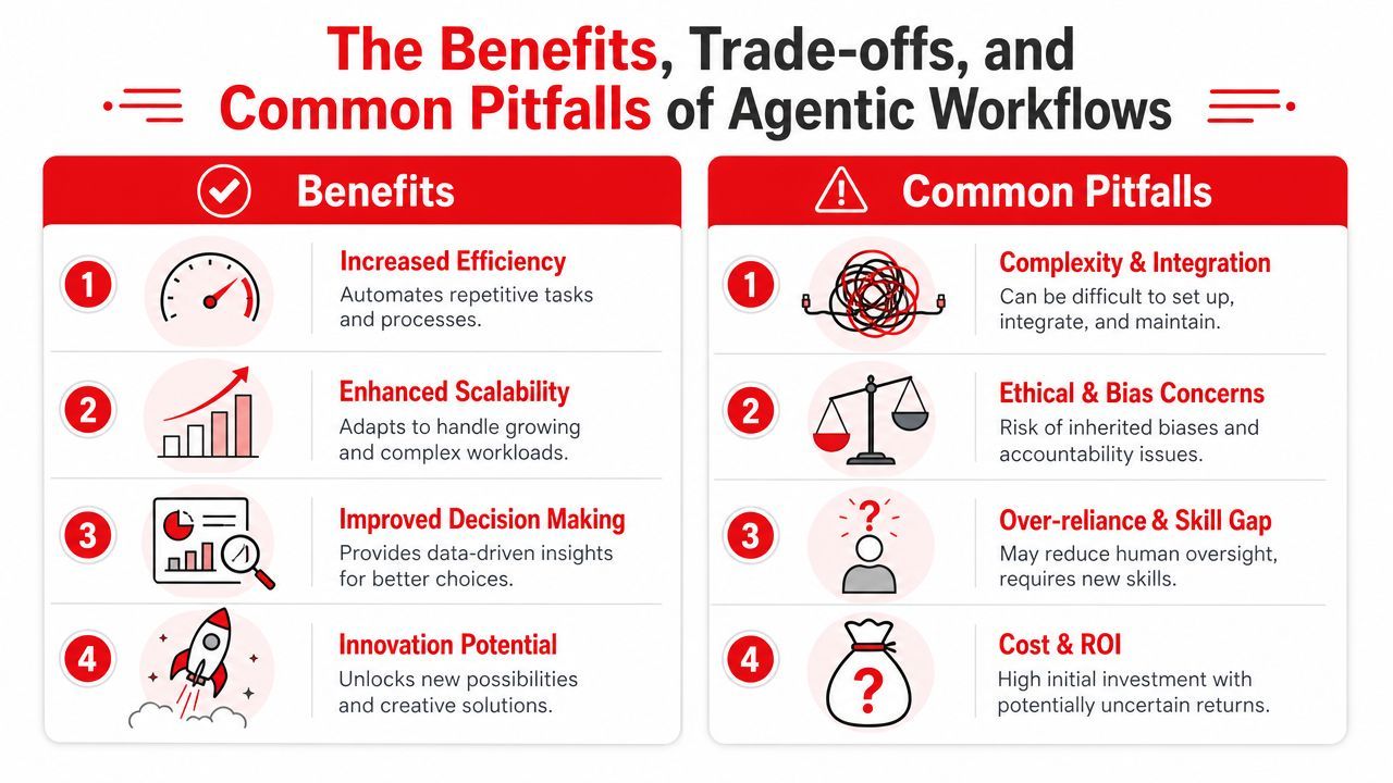 An infographic titled The Benefits, Trade-offs, and Common Pitfalls of Agentic Workflows comparing four pros and cons.