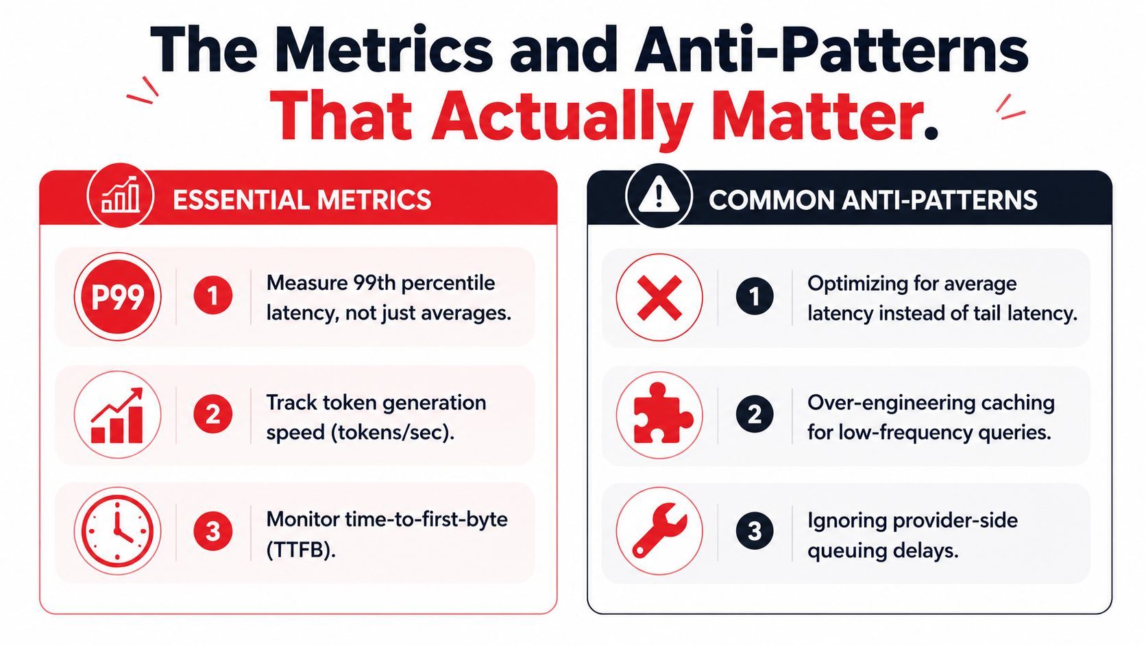 An infographic titled The Metrics and Anti-Patterns That Actually Matter, detailing performance tracking for software applications.